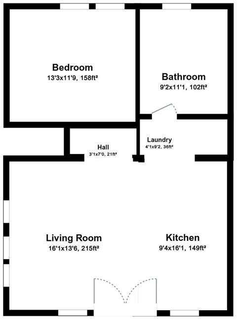 Floor plan for 1 bed, 1 bath, 755 sqft